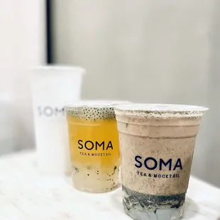 Lychee High Mountain Tea (back),  Passion Fruit High Mountain Tea(middle), Sesame Milk Tea (front)