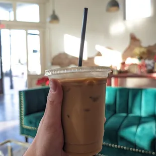 Iced vanilla latte with oatmilk