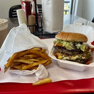 Triple meat, fried eggs, bacon, grilled jalapeños, fries, Chocolate malt.