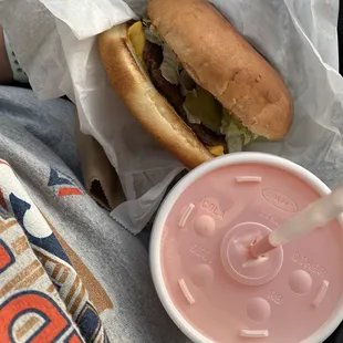 Strawberry malt and a cheeseburger