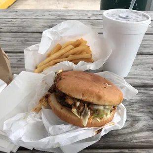 Chili burger fries and a Coke