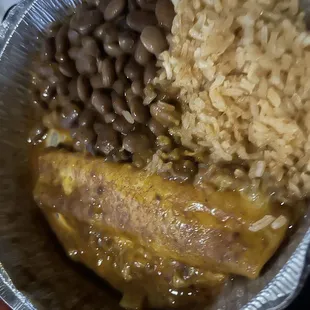 Circa 1985 TV dinner (cheese enchilada with rice and beans)