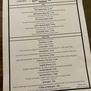 Menu of beers