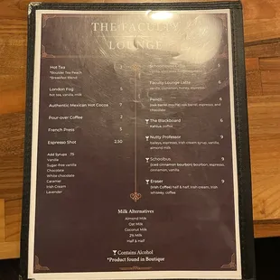 Beverage menu with boozy and non-boozy coffee and espresso drinks