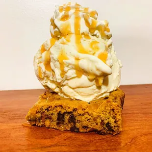 Blondie Sundae! Homemade Blondie topped with Vanilla , salted caramel and whipped cream!