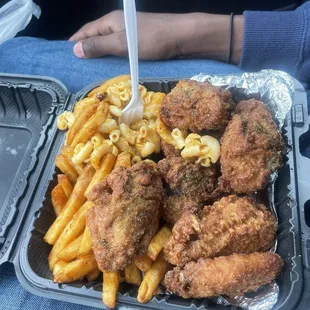 Lemon pepper wings, seasoned fries and mac and cheese