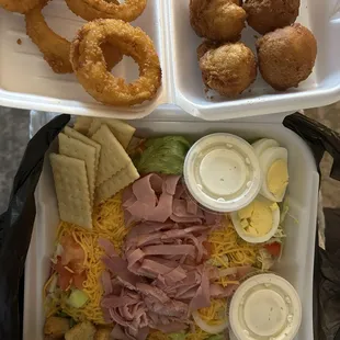 ham chef salad  hush puppies and onion rings all very good  prices are good staff is very nice and friendly