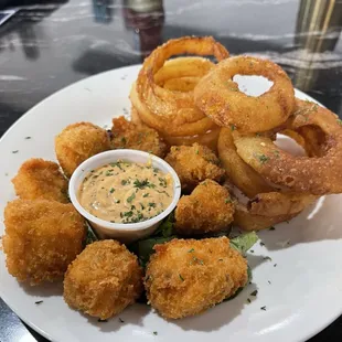 Salmon Nuggets with Cajun Citrus Remoulade and Onion Rings