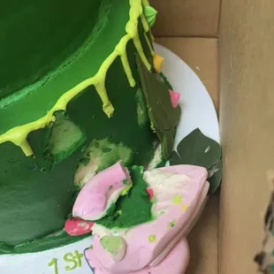 Poor flamingo melted and broke off cake.