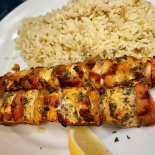 Grilled salmon skewers special with rice