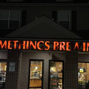 the outside of a building at night