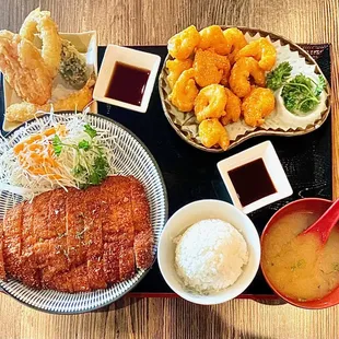 Chicken Katsu Bento Special, which includes Tempura Mix, Popcorn Shrimp (or one of MANY other options!), Rice, Miso Soup AND Salad!