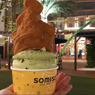 Upside down matcha with custard and Oreo crumbs