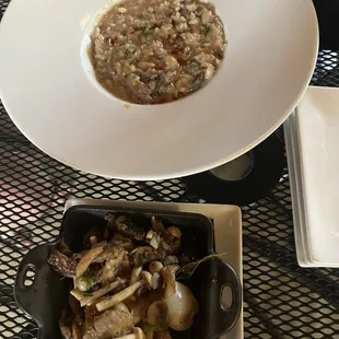 Wild mushroom risotto and mushrooms with pearl onions.