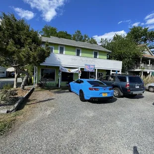 Outside Sommer Freeze (the green building really compliments my blue camaro! Haha)