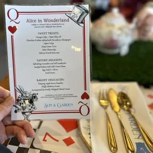 Menu for Alice in Wonderland tea set experience