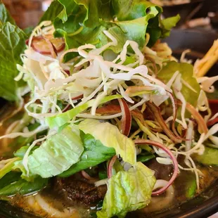 a plate of salad with lettuce and cheese