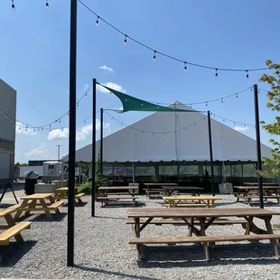 a picnic area with tables and umbrellas