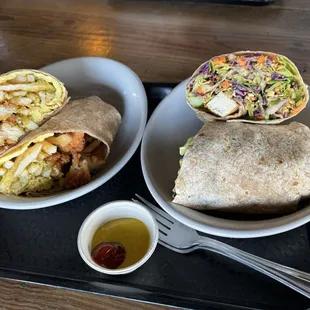 Breakfast burrito (add crispy chicken), Thai peanut salad (add blackened chicken)