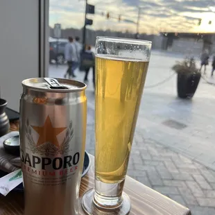 Tall Sapporo and view of Bridge Park from our table