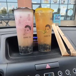 Our fruit tea drinks.  I have the lychee and dragon fruit. My mom has the super fruit tea.