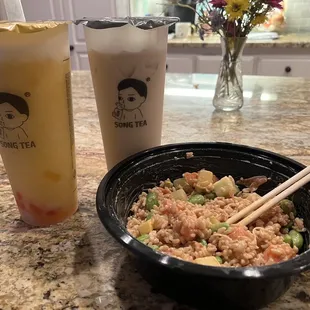 Build your own regular size poke bowl, signature milk tea with brown sugar boba, and mango cheese slush with rainbow jelly.