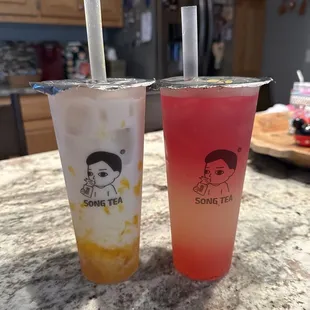 Left: Dirty Mango with mango popping boba. Right: Four Season Lychee Dragonfruit with strawberry popping boba