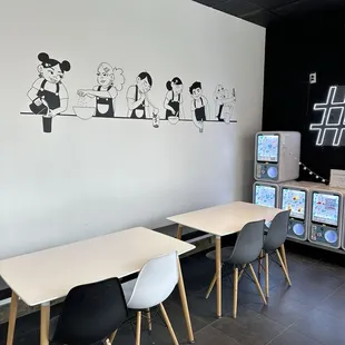 Lots of seating and cute vending machines