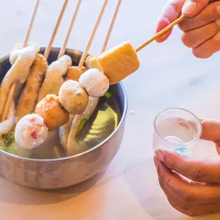 Skewered Fish Cake Soup with a glass of Soju