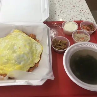 Kimchi fried rice, seaweed soup and banchan
