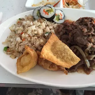 The lunch special!!! Buglogio and it comes with Rangoon and a gyoza and sushi!!