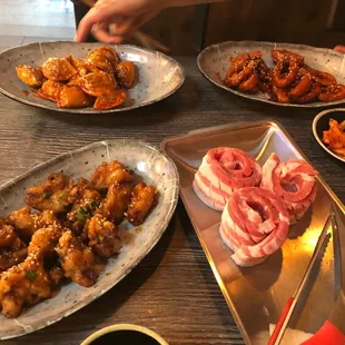 Dumplings, 15. Chili Calamari, pork belly cut, 7. Korean Fried Chicken