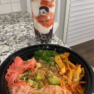 Large Strawberry Cheese Tea with Brown Sugar Boba and I built my own poke with spicy salmon and spicy tuna.