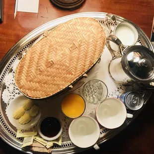 Chicory coffee, milk, fresh squeezed orange juice fresh made buttermilk Biscuits, butter &amp; strawberry jam from room service..