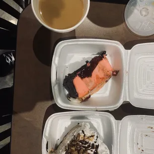 Delicious chocolate covered strawberry cheesecake and turtle pie with coffee