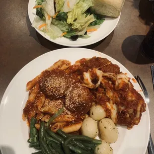Ziti and meatballs, chicken Parmesan, green beans, round potatoes