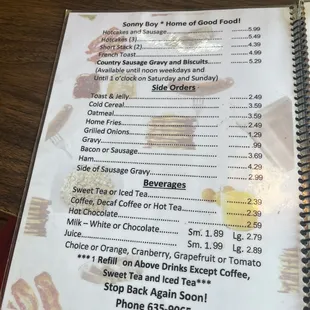 the menu and prices