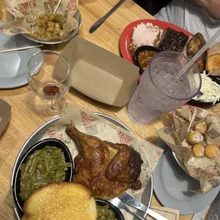 Half chicken with green beans and garlic bread. An order of fried okra and corn nuggets. Bbq platter with coleslaw, corn bread and beans.