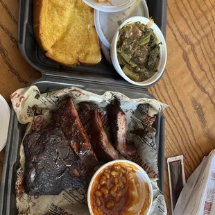 St. Louis ribs, collard greens, Cole slaw &amp; baked beans.