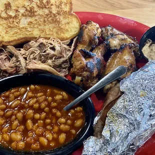 Pick 2 with pulled pork, smoked wings, baked sweet potato and baked beans
