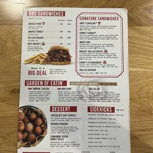 Backside of the menu, where they offer delectable, desserts, and sidekicks.