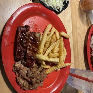 Pork two ways, ff, and coleslaw.