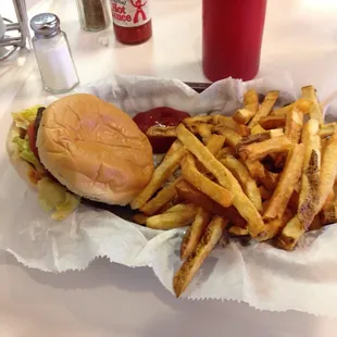 Single burger and home fries.