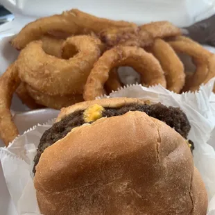 Double Cheeseburger all the way and Onion Rings