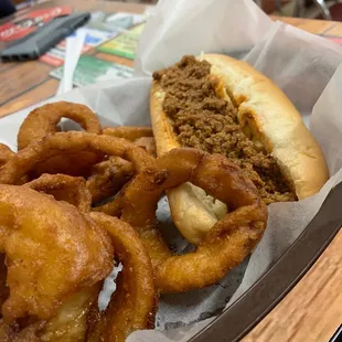 Hot Dog with Slaw and onion rings