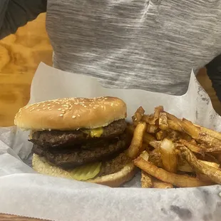 a hamburger and fries