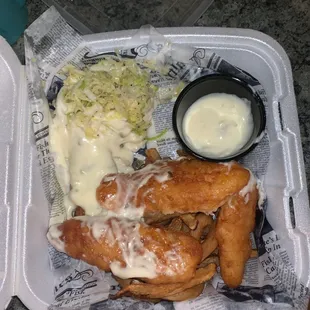 Fish and chips with slaw on the side