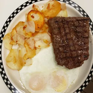 Chop steak and eggs