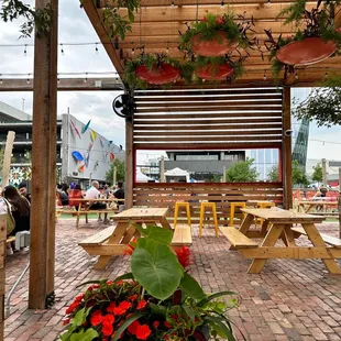 a picnic area with tables and benches