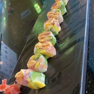 a long row of sushi rolls